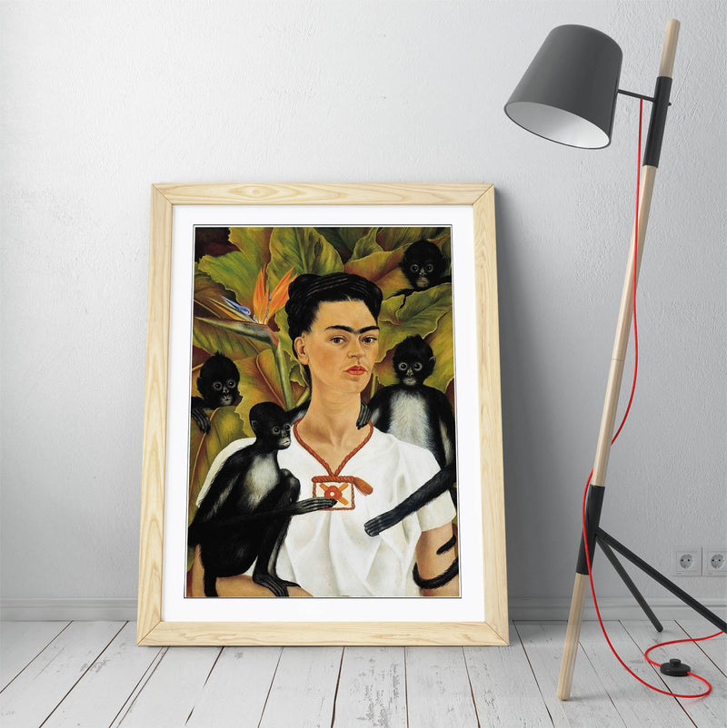 'Self Portrait with Monkeys' by Frida Kahlo - Colorful Wall Art With Woodgrain Frame & Matte Paper Print