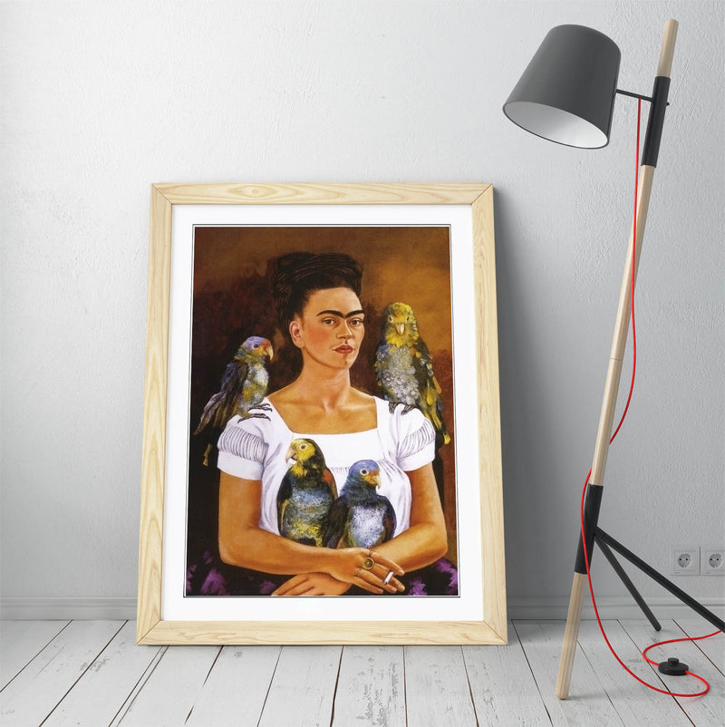 'Me and My Parrots' by Frida Kahlo - Colorful Wall Art With Woodgrain Frame & Matte Paper Print (Copy)
