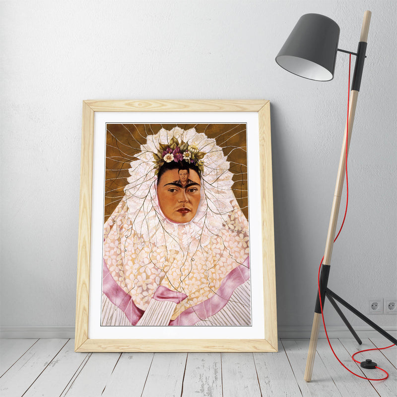 'Self-Portrait as a Tehuana' by Frida Kahlo - Colorful Wall Art With Woodgrain Frame & Matte Paper Print