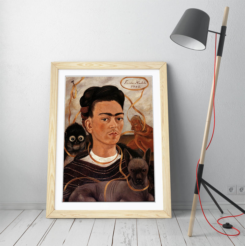 'Self-Portrait with Small Monkey' by Frida Kahlo - Colorful Wall Art With Woodgrain Frame & Matte Paper Print