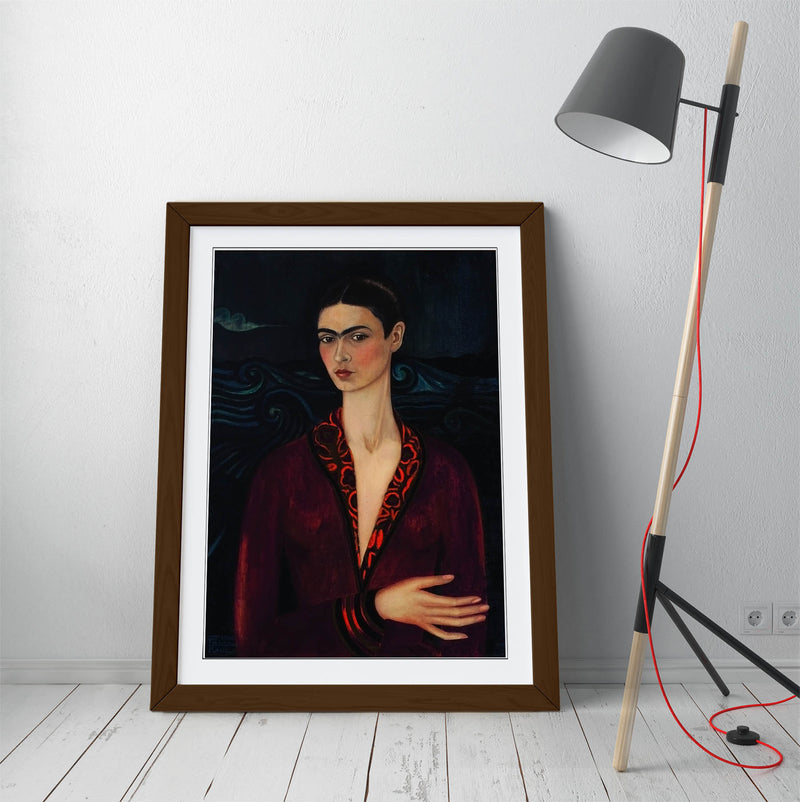 'Self-Portrait with Velvet Dress' by Frida Kahlo - Colorful Wall Art With Woodgrain Frame & Matte Paper Print