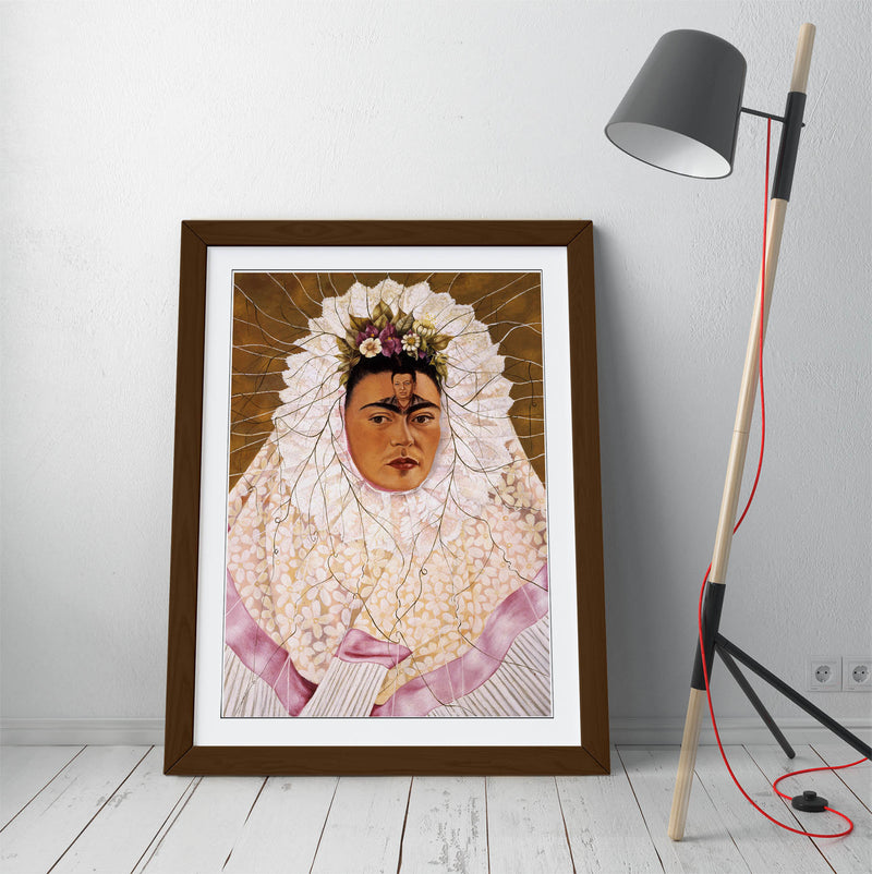 'Self-Portrait as a Tehuana' by Frida Kahlo - Colorful Wall Art With Woodgrain Frame & Matte Paper Print