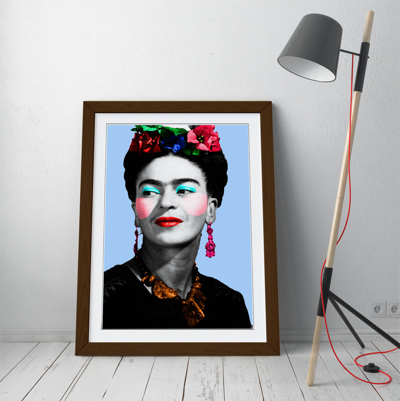 Colourful Frida Kahlo Pop Art - Colorful Wall Art With Woodgrain Frame & Matte Paper Print