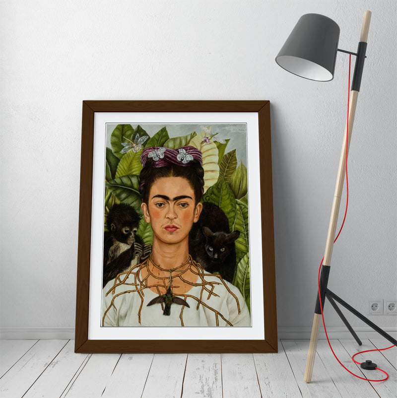 'Self-Portrait with Thorn Necklace and Hummingbird' by Frida Kahlo - Colorful Wall Art With Woodgrain Frame & Matte Paper Print