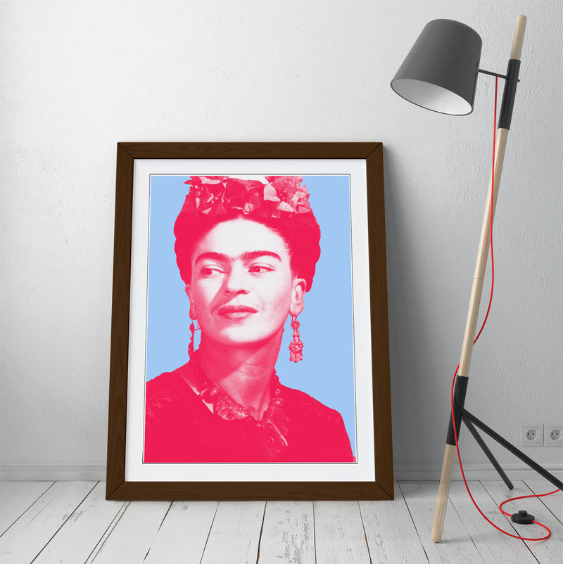 Colourful Frida Kahlo Pop Art (pink & blue) - Colorful Wall Art With Woodgrain Frame & Matte Paper Print