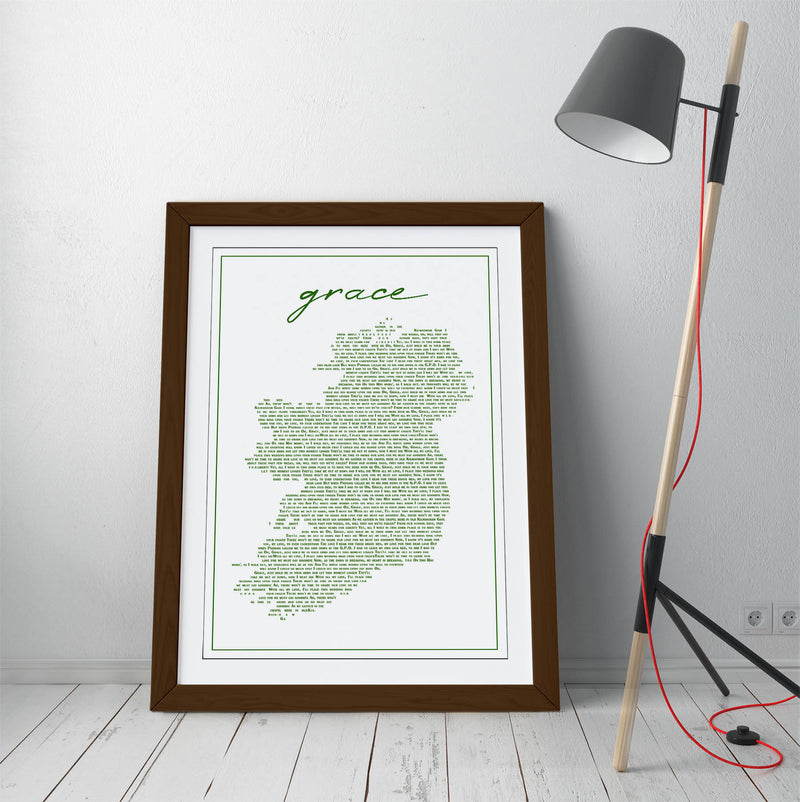 Grace Lyrics in the Shape of Ireland - Colorful Wall Art With Woodgrain Frame & Matte Paper Print