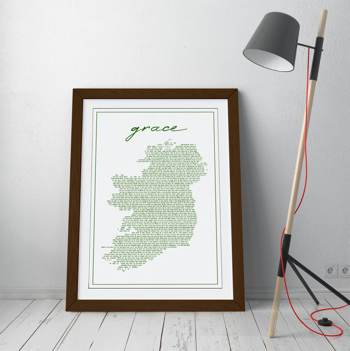 Grace Lyrics in the Shape of Ireland - Colorful Wall Art With Woodgrain Frame & Matte Paper Print