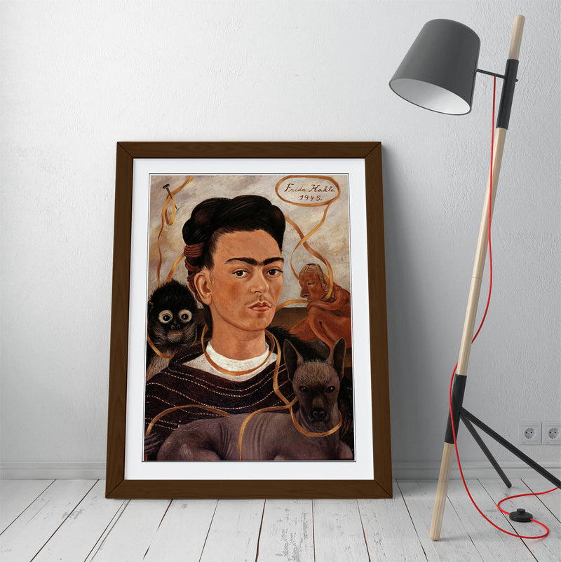 'Self-Portrait with Small Monkey' by Frida Kahlo - Colorful Wall Art With Woodgrain Frame & Matte Paper Print
