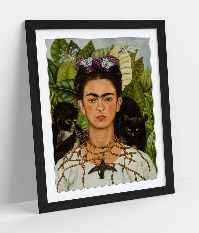 'Self-Portrait with Thorn Necklace and Hummingbird' by Frida Kahlo - Colorful Wall Art With Woodgrain Frame & Matte Paper Print