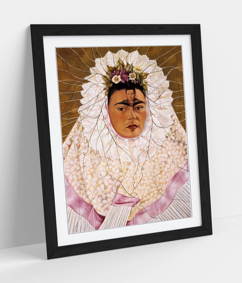 'Self-Portrait as a Tehuana' by Frida Kahlo - Colorful Wall Art With Woodgrain Frame & Matte Paper Print