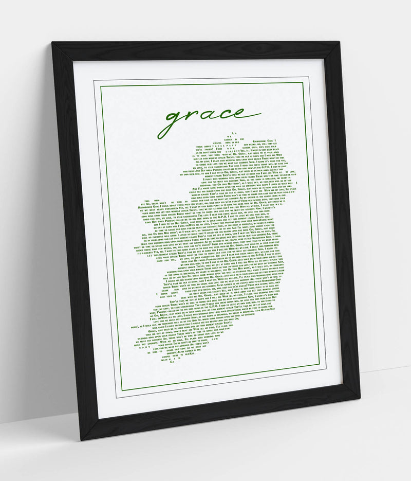 Grace Lyrics in the Shape of Ireland - Colorful Wall Art With Woodgrain Frame & Matte Paper Print