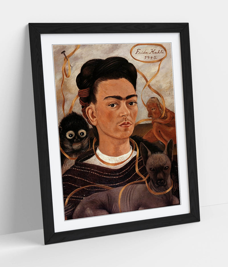 'Self-Portrait with Small Monkey' by Frida Kahlo - Colorful Wall Art With Woodgrain Frame & Matte Paper Print