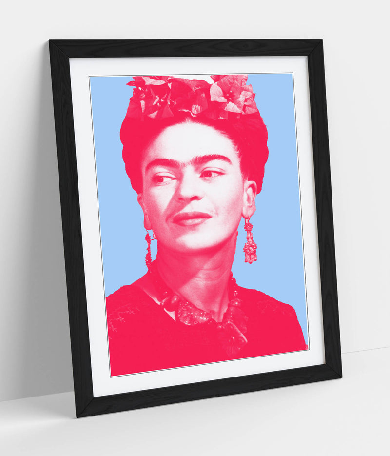 Colourful Frida Kahlo Pop Art (pink & blue) - Colorful Wall Art With Woodgrain Frame & Matte Paper Print