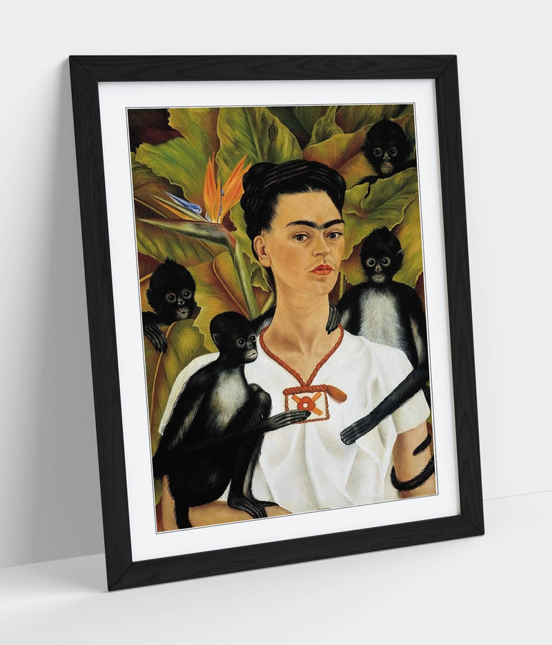 'Self Portrait with Monkeys' by Frida Kahlo - Colorful Wall Art With Woodgrain Frame & Matte Paper Print