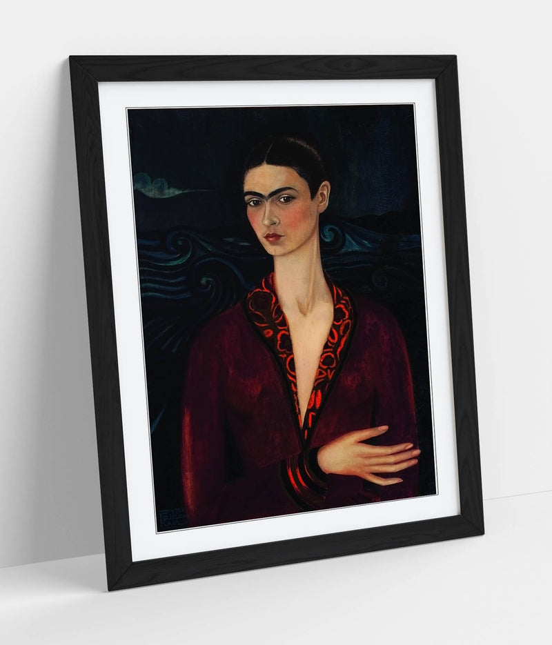 'Self-Portrait with Velvet Dress' by Frida Kahlo - Colorful Wall Art With Woodgrain Frame & Matte Paper Print