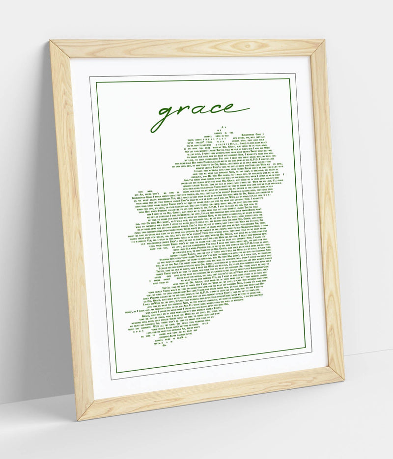 Grace Lyrics in the Shape of Ireland - Colorful Wall Art With Woodgrain Frame & Matte Paper Print