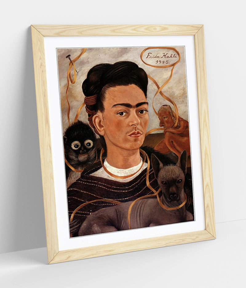 'Self-Portrait with Small Monkey' by Frida Kahlo - Colorful Wall Art With Woodgrain Frame & Matte Paper Print