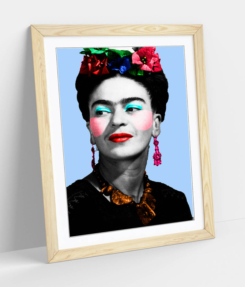Colourful Frida Kahlo Pop Art - Colorful Wall Art With Woodgrain Frame & Matte Paper Print