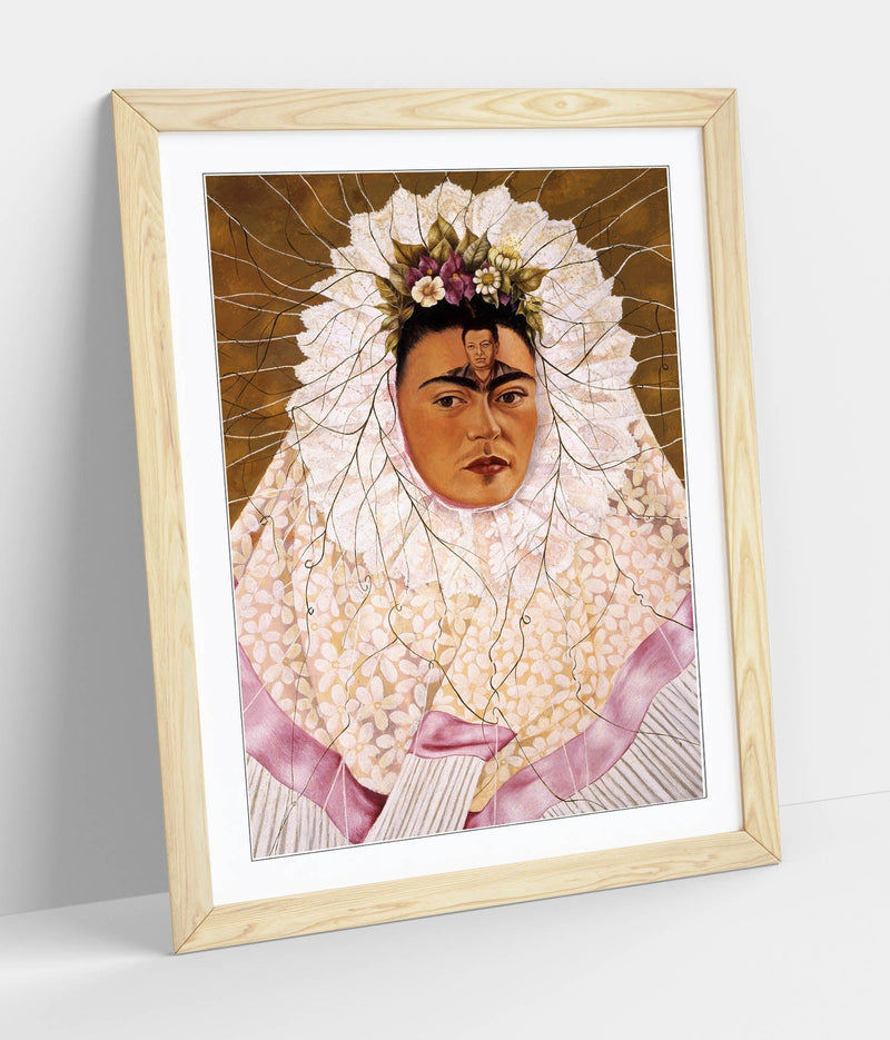 'Self-Portrait as a Tehuana' by Frida Kahlo - Colorful Wall Art With Woodgrain Frame & Matte Paper Print