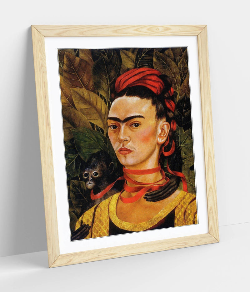'Self-Portrait with Monkey' by Frida Kahlo - Colorful Wall Art With Woodgrain Frame & Matte Paper Print (Copy)