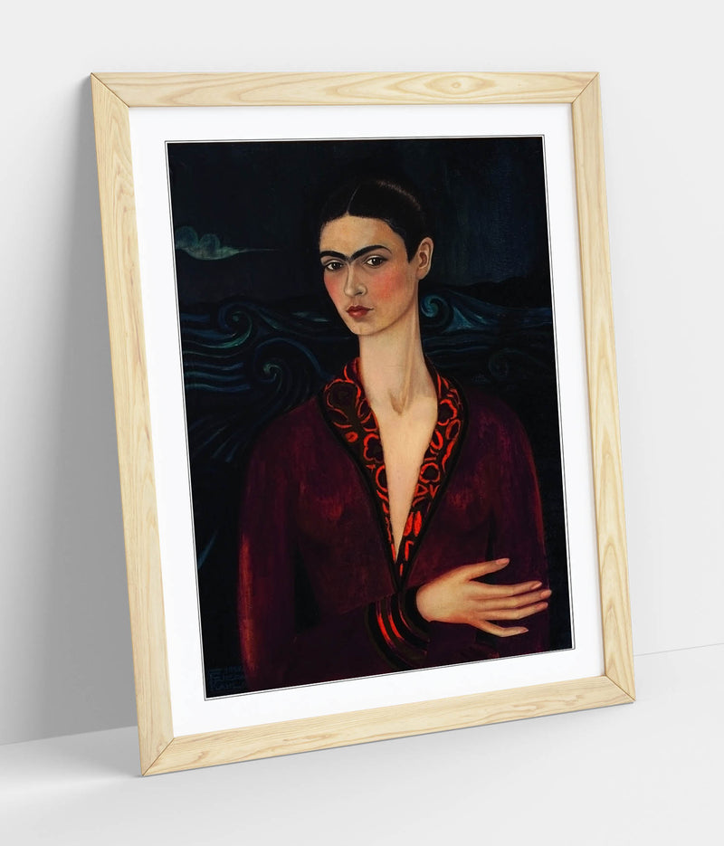 'Self-Portrait with Velvet Dress' by Frida Kahlo - Colorful Wall Art With Woodgrain Frame & Matte Paper Print
