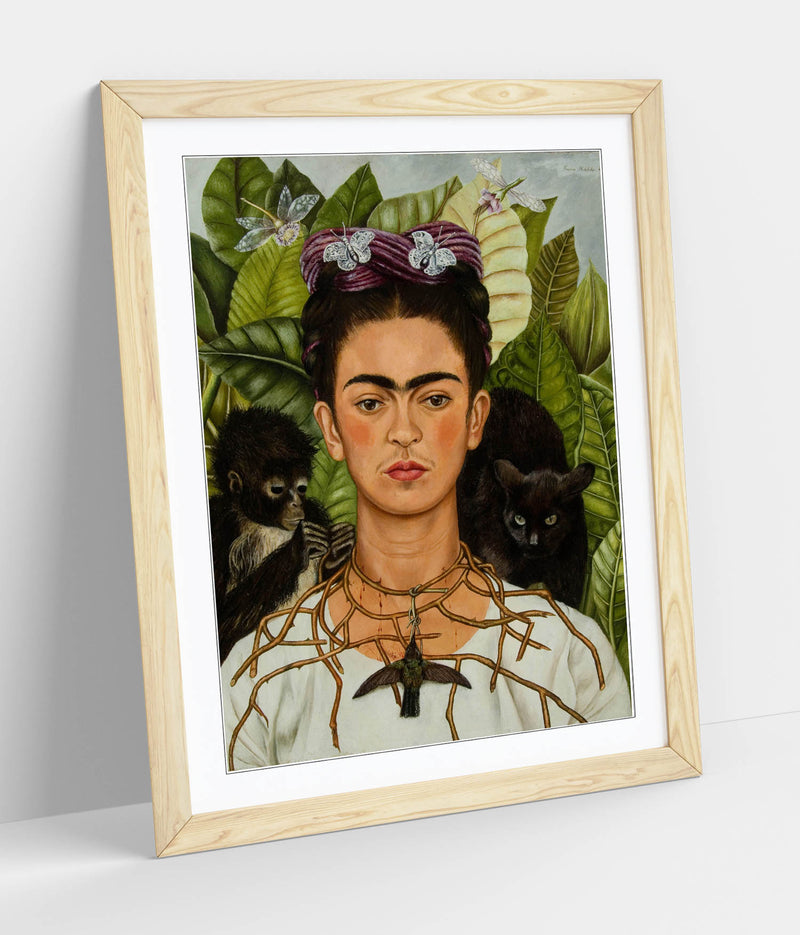 'Self-Portrait with Thorn Necklace and Hummingbird' by Frida Kahlo - Colorful Wall Art With Woodgrain Frame & Matte Paper Print