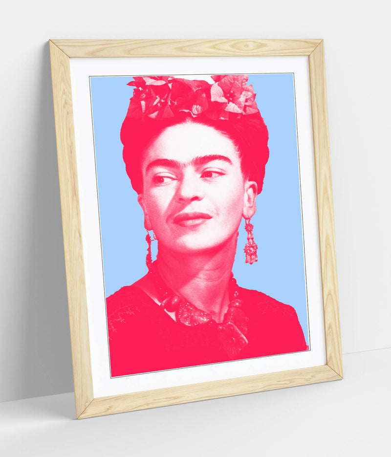 Colourful Frida Kahlo Pop Art (pink & blue) - Colorful Wall Art With Woodgrain Frame & Matte Paper Print