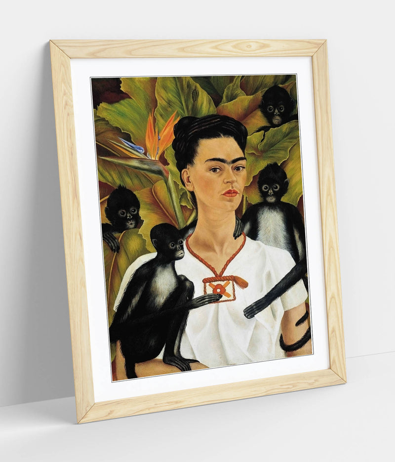 'Self Portrait with Monkeys' by Frida Kahlo - Colorful Wall Art With Woodgrain Frame & Matte Paper Print