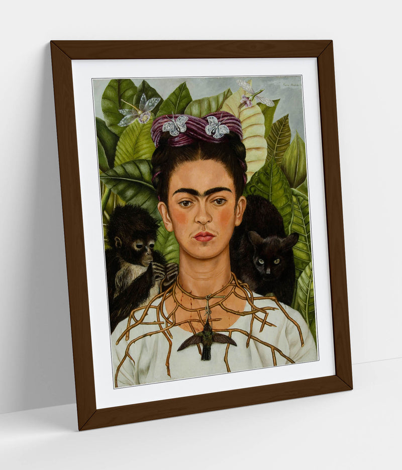 'Self-Portrait with Thorn Necklace and Hummingbird' by Frida Kahlo - Colorful Wall Art With Woodgrain Frame & Matte Paper Print