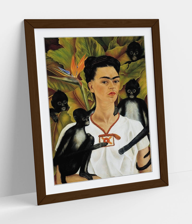 'Self Portrait with Monkeys' by Frida Kahlo - Colorful Wall Art With Woodgrain Frame & Matte Paper Print