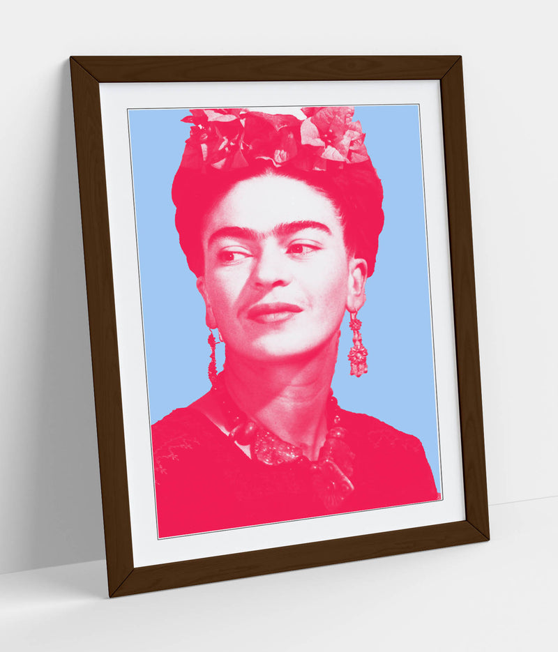 Colourful Frida Kahlo Pop Art (pink & blue) - Colorful Wall Art With Woodgrain Frame & Matte Paper Print