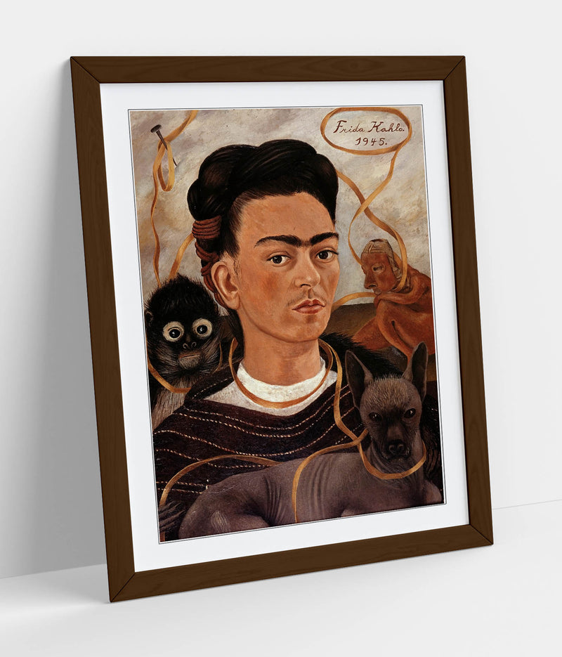 'Self-Portrait with Small Monkey' by Frida Kahlo - Colorful Wall Art With Woodgrain Frame & Matte Paper Print