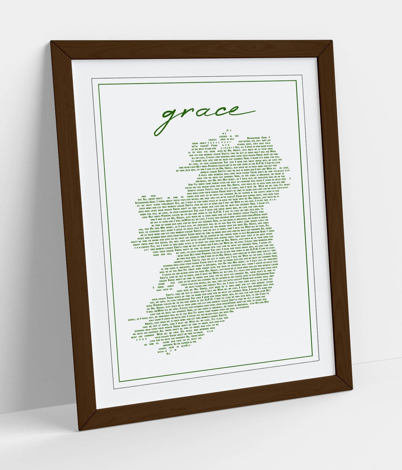 Grace Lyrics in the Shape of Ireland - Colorful Wall Art With Woodgrain Frame & Matte Paper Print