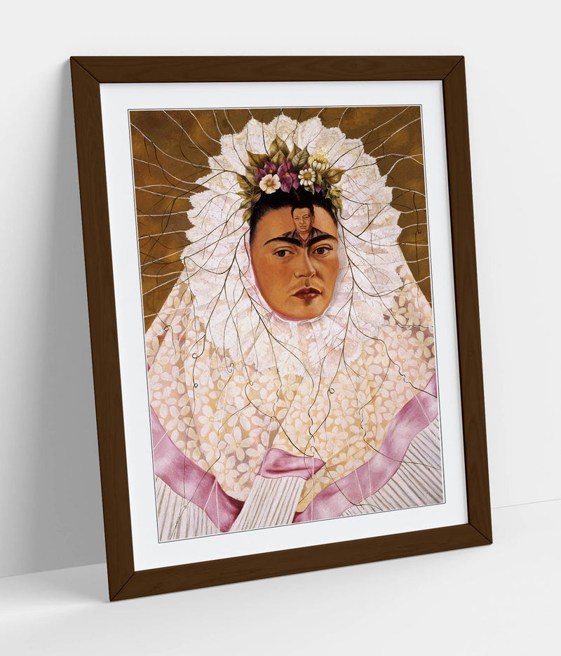 'Self-Portrait as a Tehuana' by Frida Kahlo - Colorful Wall Art With Woodgrain Frame & Matte Paper Print