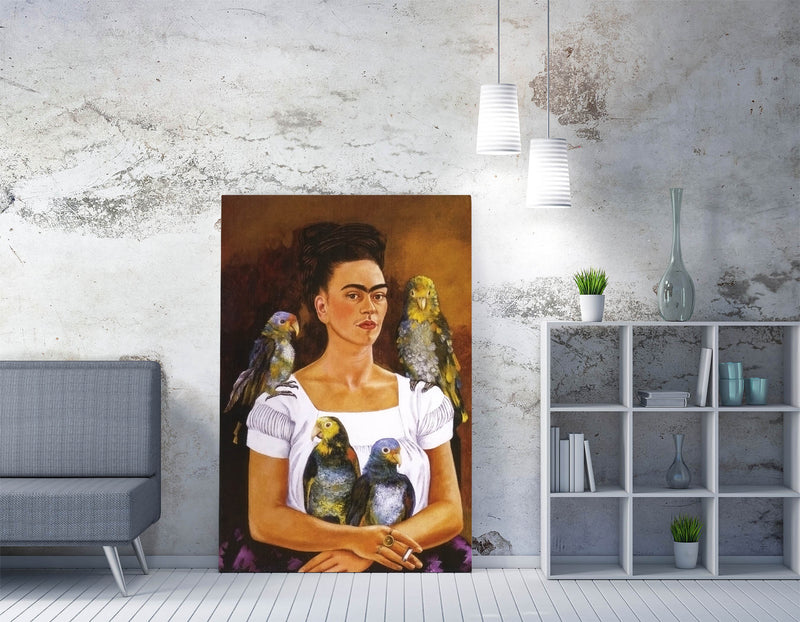 'Me and My Parrots' by Frida Kahlo - Handmade Canvas Wall Art | Vibrant Home Decor