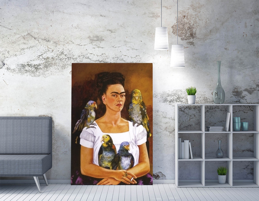 'Me and My Parrots' by Frida Kahlo - Handmade Canvas Wall Art | Vibrant Home Decor