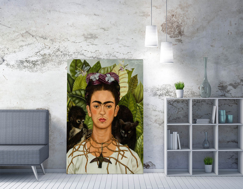 'Self-Portrait with Thorn Necklace and Hummingbird' by Frida Kahlo - Handmade Canvas Wall Art | Vibrant Home Decor