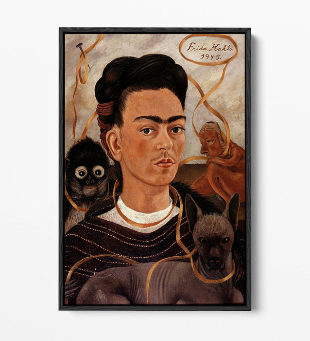 'Self-Portrait with Small Monkey' by Frida Kahlo - Contemporary Float Effect Canvas Wall Art Print with Premium Varnish Finish