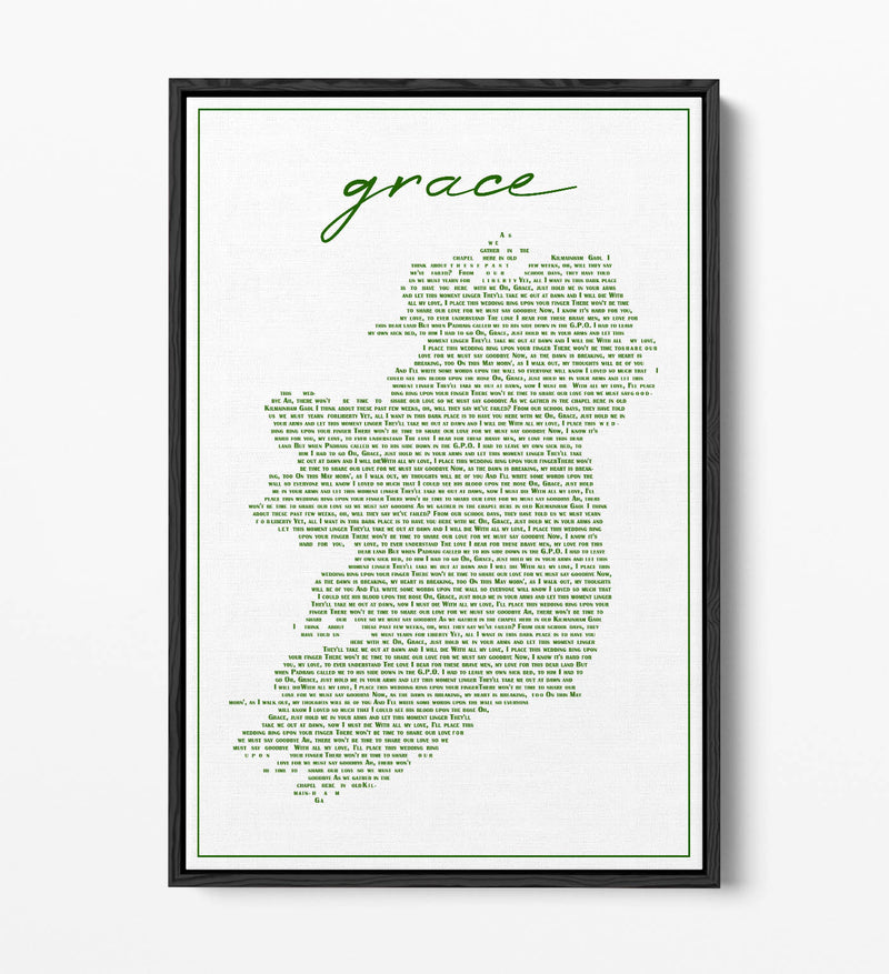 Grace Lyrics in the Shape of Ireland - Contemporary Float Effect Canvas Wall Art Print with Premium Varnish Finish