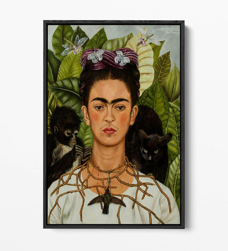 'Self-Portrait with Thorn Necklace and Hummingbird' by Frida Kahlo - Contemporary Float Effect Canvas Wall Art Print with Premium Varnish Finish