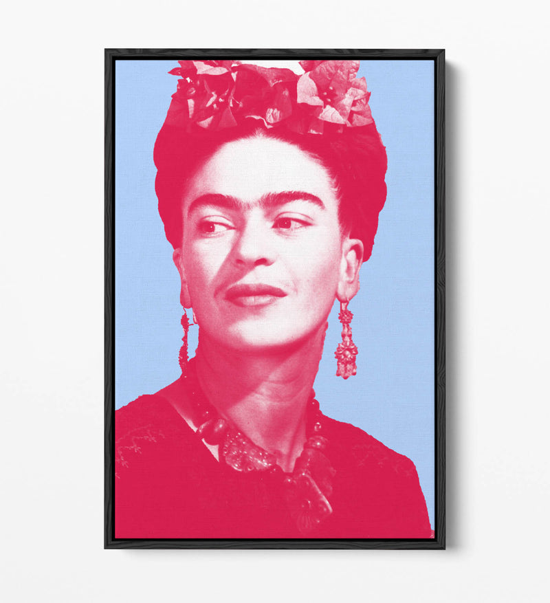 Colourful Frida Kahlo Pop Art (pink & blue) - Contemporary Float Effect Canvas Wall Art Print with Premium Varnish Finish