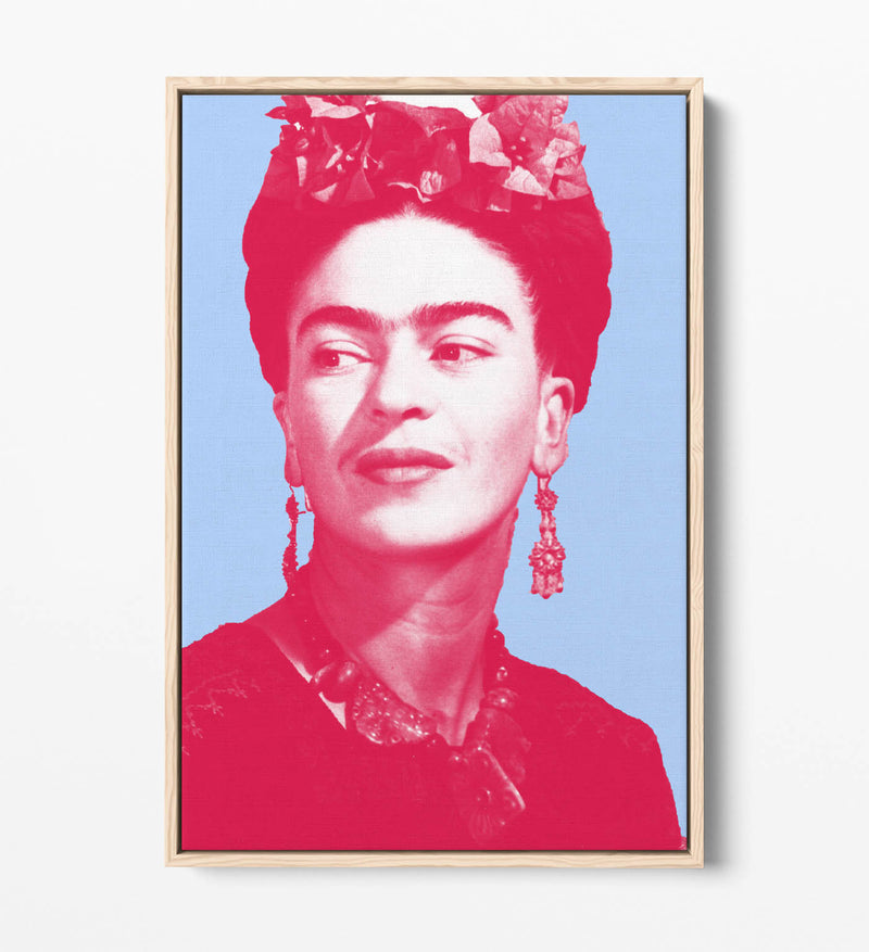 Colourful Frida Kahlo Pop Art (pink & blue) - Contemporary Float Effect Canvas Wall Art Print with Premium Varnish Finish