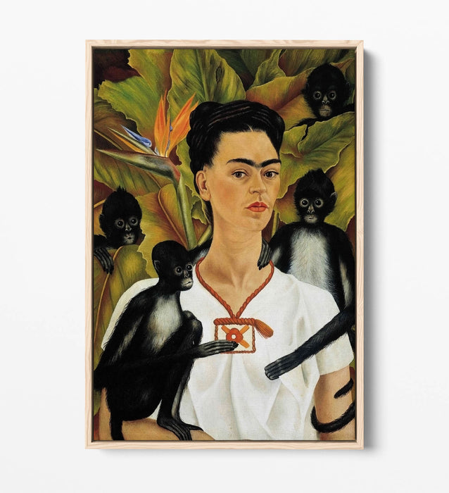 'Self Portrait with Monkeys' by Frida Kahlo - Contemporary Float Effect Canvas Wall Art Print with Premium Varnish Finish