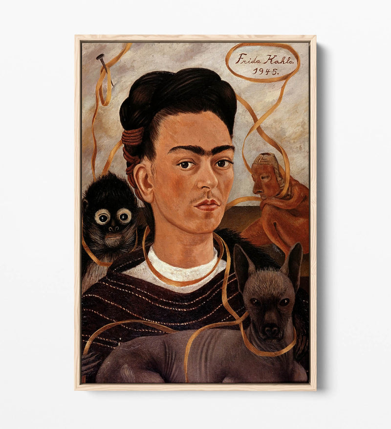 'Self-Portrait with Small Monkey' by Frida Kahlo - Contemporary Float Effect Canvas Wall Art Print with Premium Varnish Finish