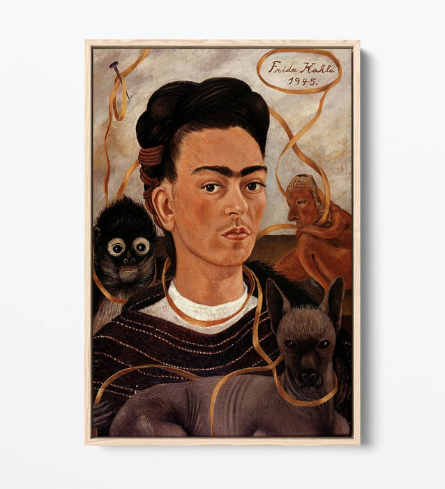 'Self-Portrait with Small Monkey' by Frida Kahlo - Contemporary Float Effect Canvas Wall Art Print with Premium Varnish Finish