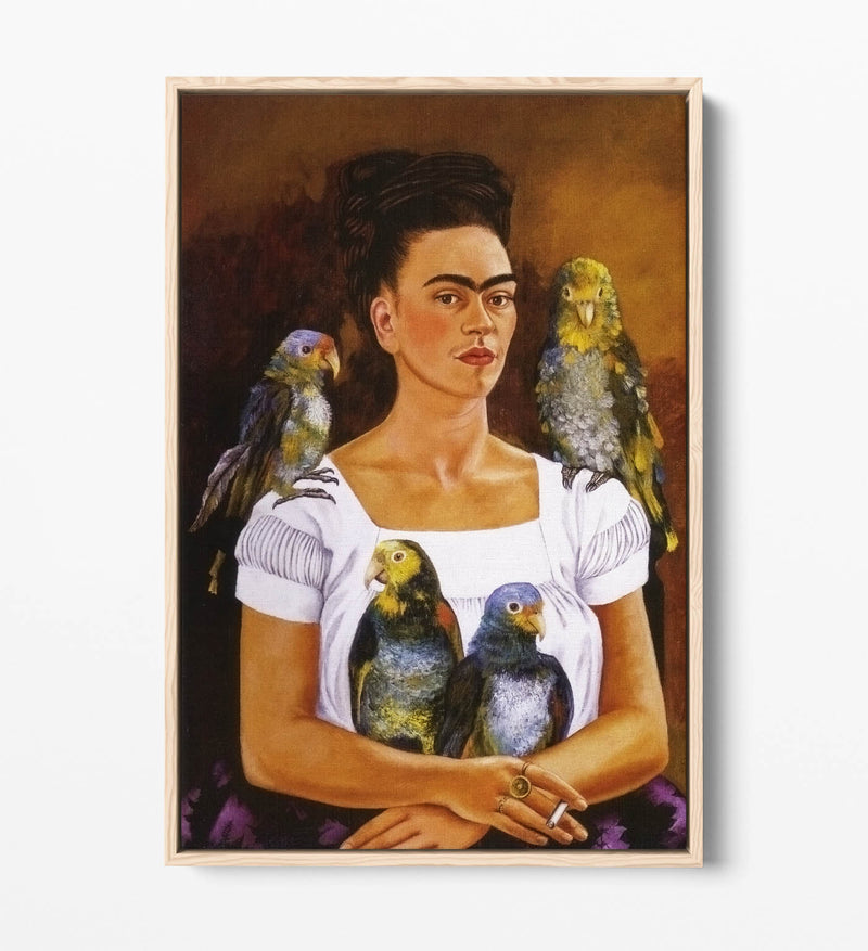 'Me and My Parrots' by Frida Kahlo - Contemporary Float Effect Canvas Wall Art Print with Premium Varnish Finish