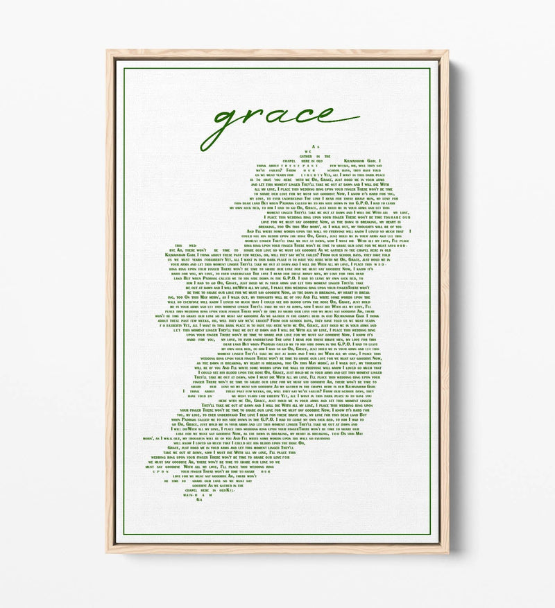Grace Lyrics in the Shape of Ireland - Contemporary Float Effect Canvas Wall Art Print with Premium Varnish Finish