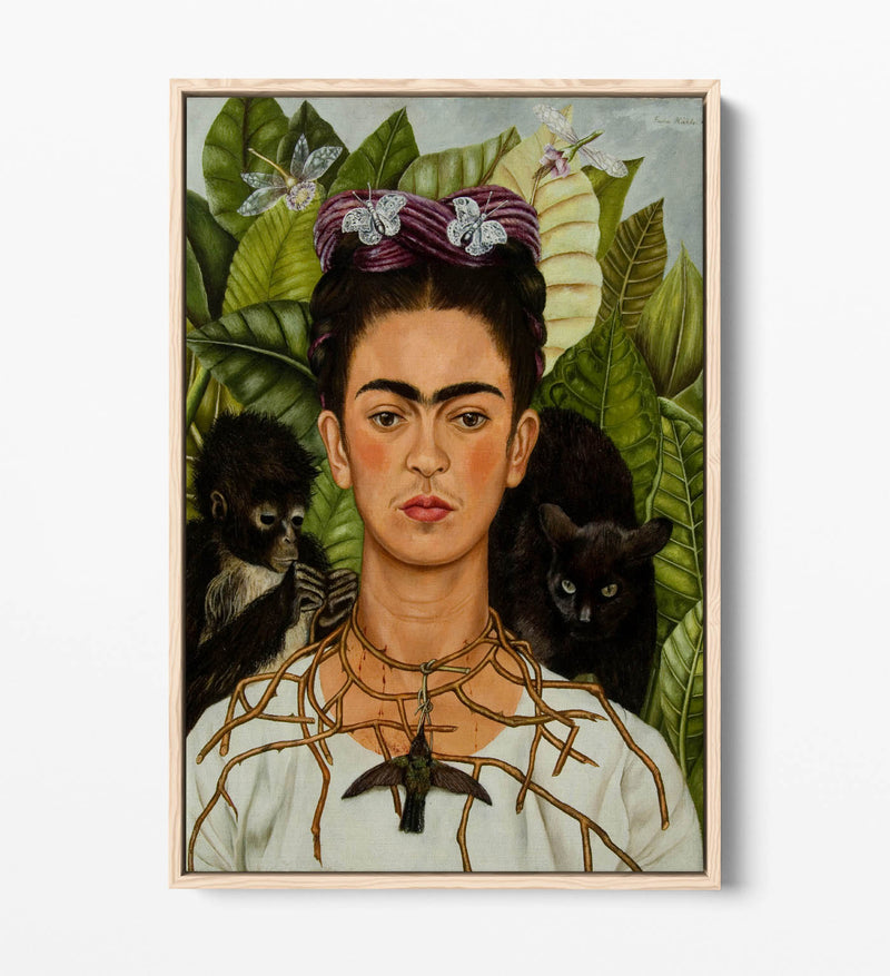 'Self-Portrait with Thorn Necklace and Hummingbird' by Frida Kahlo - Contemporary Float Effect Canvas Wall Art Print with Premium Varnish Finish