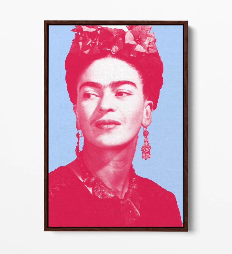 Colourful Frida Kahlo Pop Art (pink & blue) - Contemporary Float Effect Canvas Wall Art Print with Premium Varnish Finish