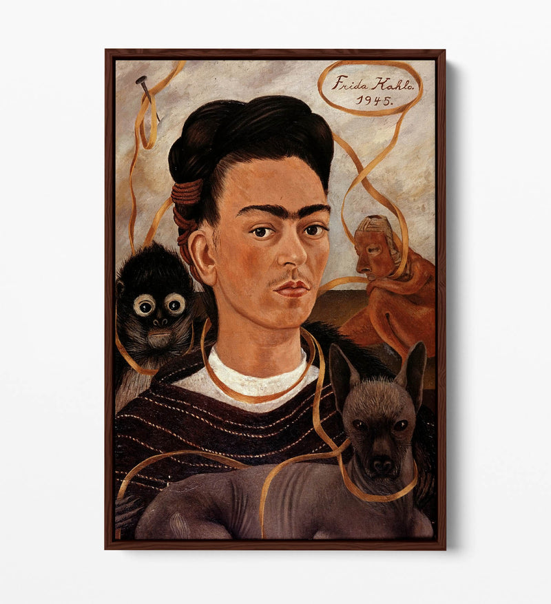 'Self-Portrait with Small Monkey' by Frida Kahlo - Contemporary Float Effect Canvas Wall Art Print with Premium Varnish Finish